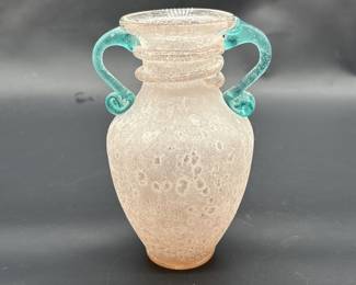 Frosted Art Glass Vase w/ Turquoise Handles