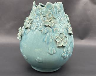 Blue Vase w/ Raised & Applied Flower Design