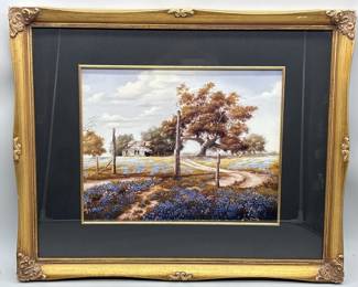 Farm Scene w/ Bluebonnets Print in Gold Frame