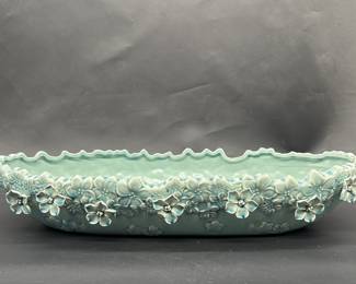 Blue Oblong Canoe Console Bowl w/ Applied Flower