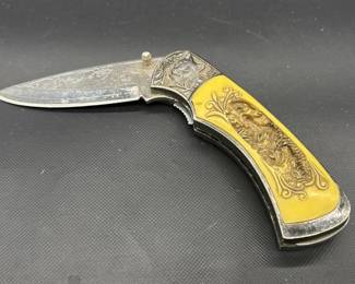 Folding Damascus Steel Knife w/ Yellow Handle