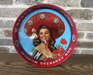 Vintage Tin Corona Beer Tray, Lady in Sombrero