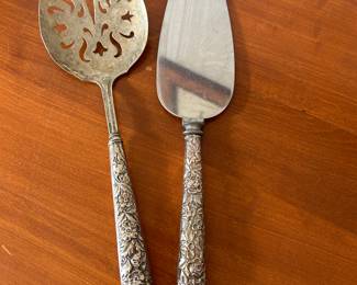 STERLING HANDLE FLORAL REPOUSSE SLOTTED TOMATO SERVER AND CAKE KNIFE