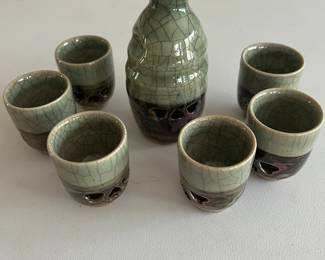 Japanese Somayaki Double Wall Saki Set Obori Soma-yaki Pottery