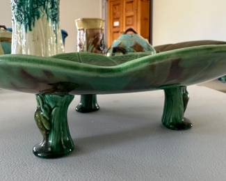 Antique Majolica lotus lily leaf compote