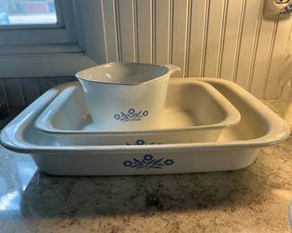 vintage Corning Ware casserole dishes in the "Blue Cornflower" pattern