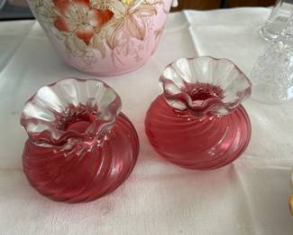 Vintage Hand Blown Cranberry Art Glass Bud Vases Swirl Ruffle Edge