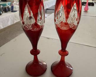 CAESAR CRYSTAL Czech Bohemian Cranberry Red Vase Hand Cut to Clear