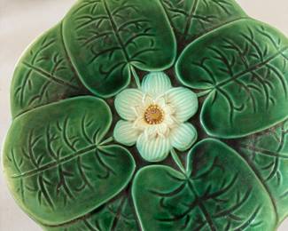 Antique Majolica lotus lily leaf compote