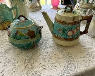 19 C. English Majolica Turquoise Teapot Picket Fence with Flowers Branch Handle