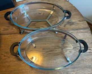 Vintage Retro Danish Modern, MCM Bodum Casserole Dish, Oval Pyrex with Black Handled Chrome Cradle / Holder, Oven Safe