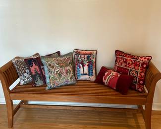Teak Bench with Needle Point Pillows made by Janet!