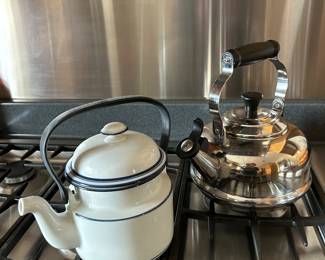 Stainless Tea Kettle and Blue and White Tea Pot