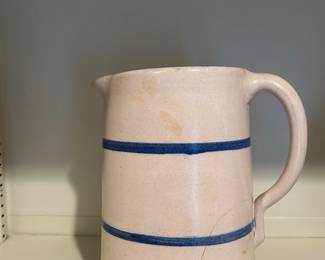 Tall vintage crock blue banded pitcher!