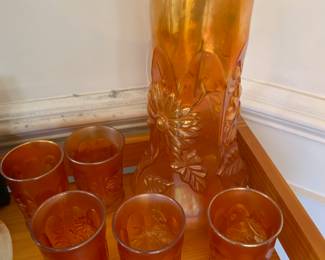 Imperial carnival glass pitcher set