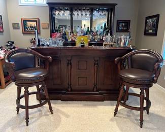 Carved Wood Bar with 2 Bar Stools