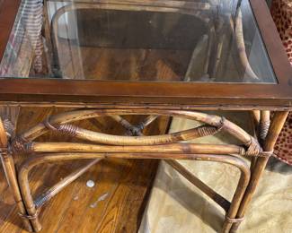 Mid-Century Modern glass top bamboo/Rattan table ( a portion of the Aubusson rug