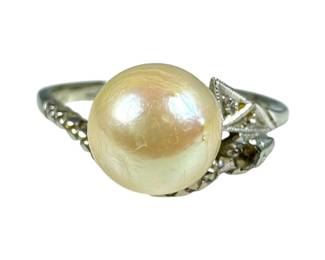 18kt White Gold Pearl and White Topaz Snake Ring 3pt1 Grams