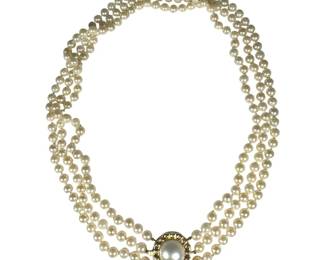 14kt Yellow Gold Triple Strand of Pearl with Diamond Clasp