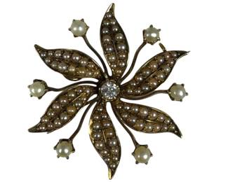 14kt Yellow Gold Seed Pearl and Diamond Brooch 6pt4 Grams