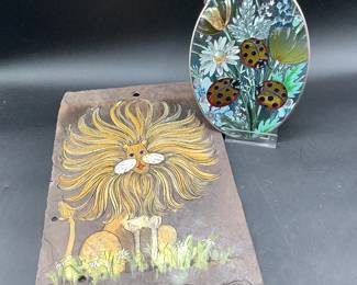 1970s art painted slate tile