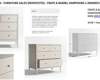 CRATE & BARREL HAMPSHIRE 4-DRAWER KIDS DRESSER

$400  -  CASH & CARRY.
