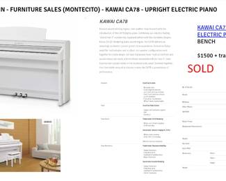 KAWAI CA78 - UPRIGHT ELECTRIC PIANO + BENCH

$1500  -  CASH & CARRY.
