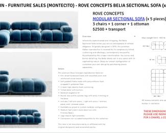 ROVE CONCEPTS 
MODULAR SECTIONAL SOFA (x 5 pieces)
3 chairs + 1 corner + 1 ottoman 
$2500
CASH & CARRY.