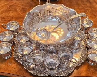 Exceptional silverplate punch bowl and cups