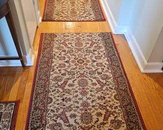 Oriental style thick hall runners in red and off white