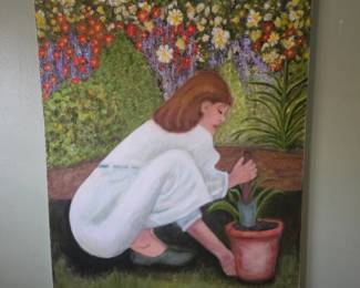 Large original on canvas "working in the garden"