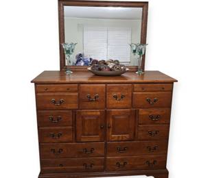 14 drawer high dresser with two doors and mirror (Oak)