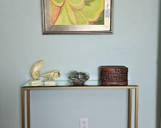 Cute mirror top and brass narrow occasional table with original art above