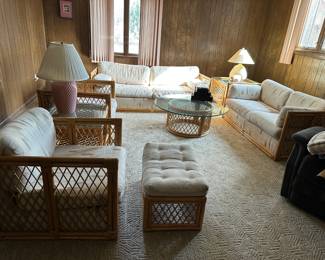 Vintage Ficks Reed Style Bamboo / Rattan Sofa Bed, Love Seat, Pair of Chairs, Ottoman, Round Cocktail Table, Square Side Table, Rectangular Side Table