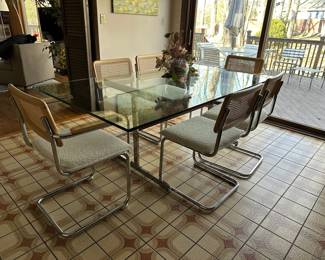 Mid Century White Boucle Chairs w/ Chrome & Glass Top Dining Table