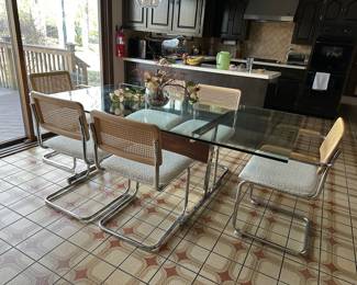 Mid Century White Boucle Chairs w/ Chrome & Glass Top Dining Table