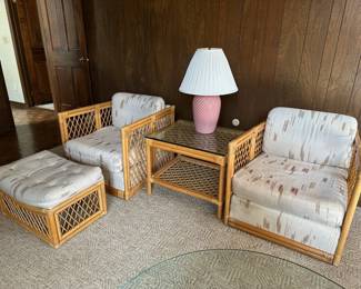 Vintage Ficks Reed Style Bamboo / Rattan Pair of Chairs & Ottoman, Rectangular Side Table, Lamp