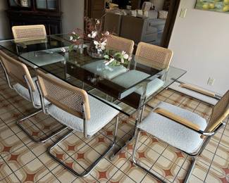 Mid Century White Boucle Chairs w/ Chrome & Glass Top Dining Table