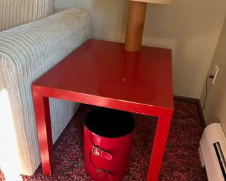 Red Side Table, Lamp, Waste Basket