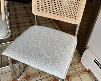 Mid Century White Boucle Chairs w/ Chrome & Glass Top Dining Table