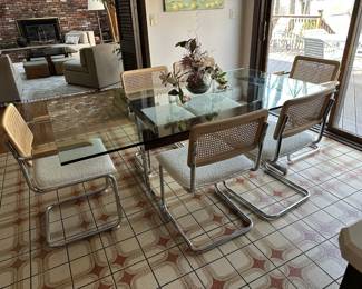 Mid Century White Boucle Chairs w/ Chrome & Glass Top Dining Table