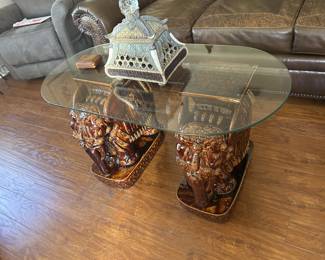 Pair Of Majolica Glazed Elephant Stands - Mid Century