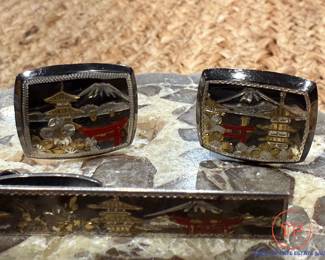 Oriental Themed Etched Sterling Silver Cufflinks and Tie Bar Set