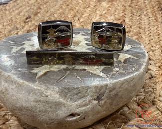 Oriental Themed Etched Sterling Silver Cufflinks and Tie Bar Set