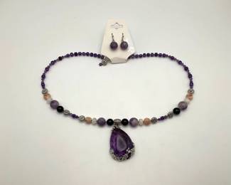 Amethyst, Onyx, Sunstone and Moonstone Necklace with Amethyst Earrings