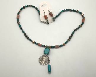 African Turquoise, Pearl, Pyrite and Sunstone Necklace with Matching Earrings