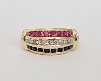 14K Gold with Diamonds, Sapphires & Rubies Modern Design Ring