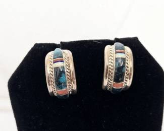 Vintage Native American Navajo Signed A Francisco Sterling Silver with Inlaid Stones Earrings