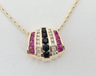 14K Gold with Diamonds, Sapphires & Rubies Modern Pendant Necklace - 18"