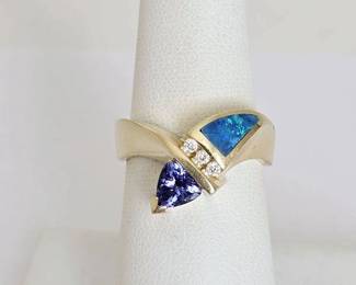 14K Gold with Diamonds, Amethyst & Opal Stone Modern Design Ring